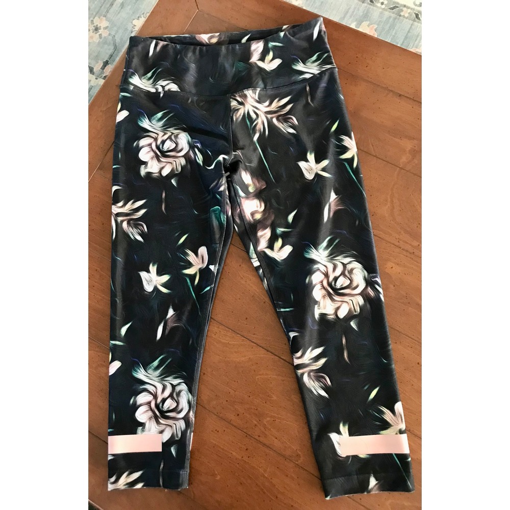 Mondetta Womens Floral High Rise Crop Leggings Reflective Black Pink Green M
